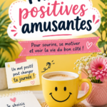 Un collage coloré avec des phrases positives et joyeuses sur un fond apaisant, mettant en avant le concept de bonheur par les mots.