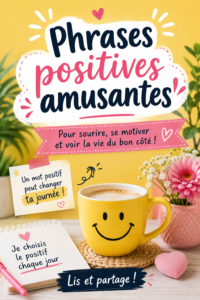 Un collage coloré avec des phrases positives et joyeuses sur un fond apaisant, mettant en avant le concept de bonheur par les mots.