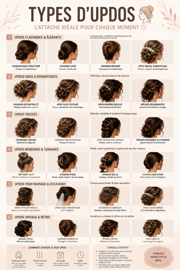 Un chignon élégant réalisé sur des cheveux longs, parfait pour une soirée.