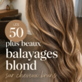 Un balayage blond lumineux sur cheveux bruns bien coiffés.