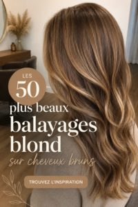 Un balayage blond lumineux sur cheveux bruns bien coiffés.