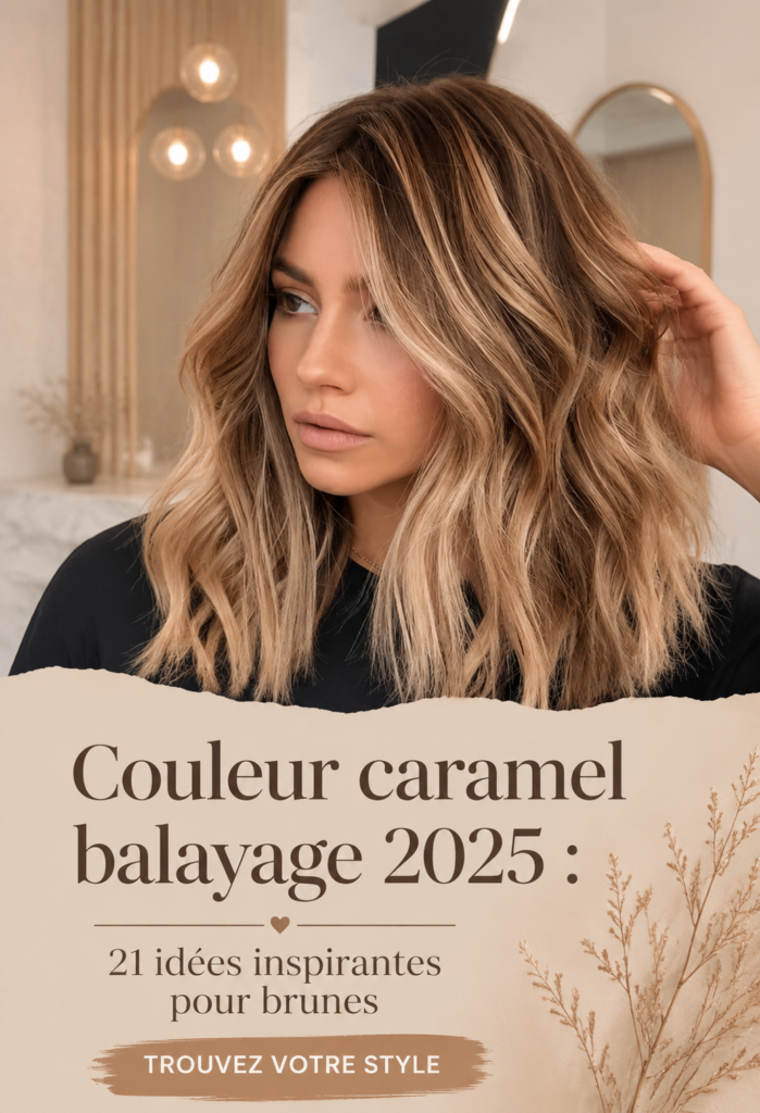 Image d'un balayage caramel sur une chevelure brune, mettant en avant des reflets lumineux.