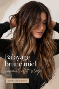 Coiffure avec balayage caramel et miel qui diffuse une lumière naturelle.