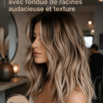 Modèle féminin avec un balayage blond cendré et des racines audacieuses, témoignant d'un style estival.