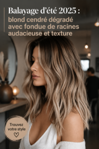 Modèle féminin avec un balayage blond cendré et des racines audacieuses, témoignant d'un style estival.
