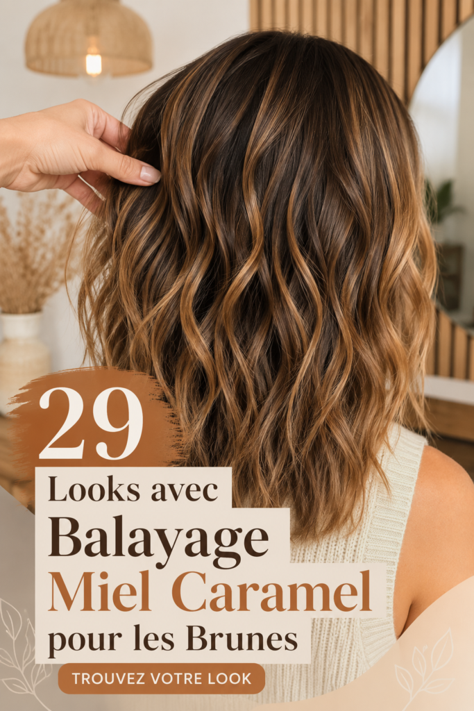 Balayage miel caramel sur des cheveux bruns, donnant une apparence lumineuse et naturelle.