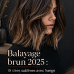 Modèle de balayage brun lumineux avec reflets caramel et frange