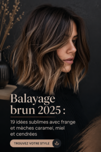 Modèle de balayage brun lumineux avec reflets caramel et frange
