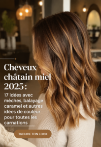 Coiffure brun miel avec reflets caramel, parfaite pour 2025.