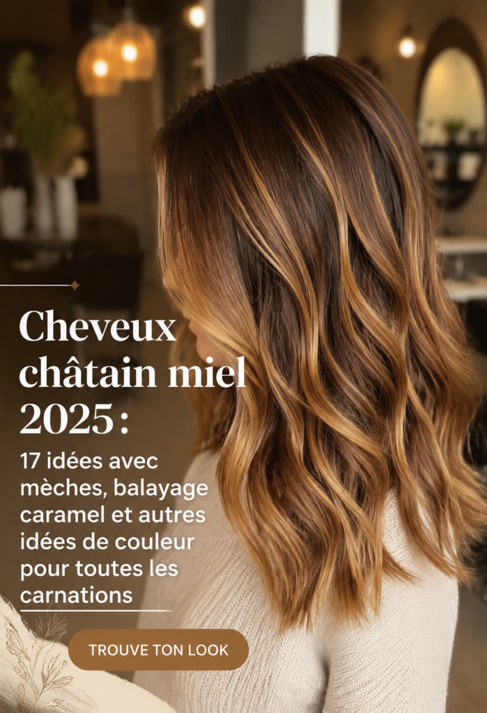 Coiffure brun miel avec reflets caramel, parfaite pour 2025.