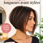 Modèle présentant un carré A-line, coupe raffinée avec longueurs avant stylisées.