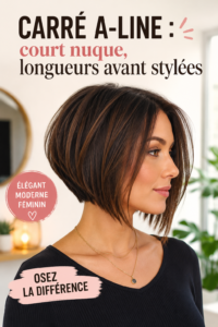 Modèle présentant un carré A-line, coupe raffinée avec longueurs avant stylisées.