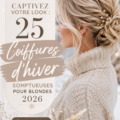Femme blonde avec une coiffure élégante pour l'hiver, mettant en avant des boucles et des accessoires modernes.