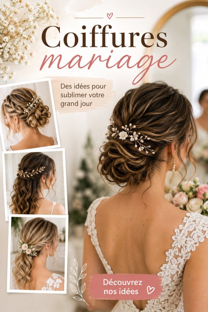 Une mariée rayonnante avec une coiffure élégante et des accessoires floraux pour son mariage.