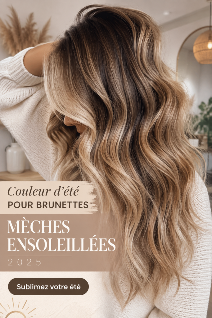 Couleur de cheveux bruns avec des reflets ensoleillés pour l'été 2025