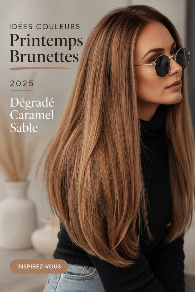 Femme avec des cheveux bruns aux nuances caramel, coiffée en layers