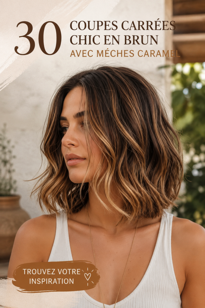 Coupes cheveux bob chics bruns avec mèches caramel