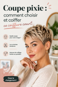 Femme avec une coupe pixie tendance et stylisée, mettant en valeur son visage.