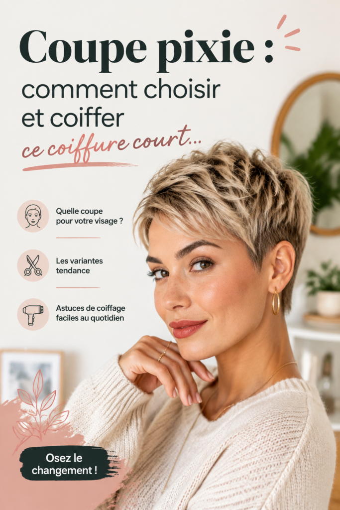 Femme avec une coupe pixie tendance et stylisée, mettant en valeur son visage.