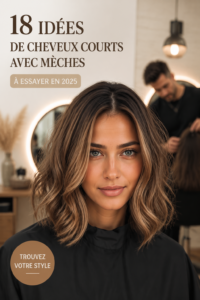 Un modèle avec une coupe de cheveux courte intégrant des reflets lumineux, présentée sous un angle dynamique.