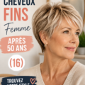 Femme de 50 ans aux cheveux fins avec une coupe moderne et élégante.