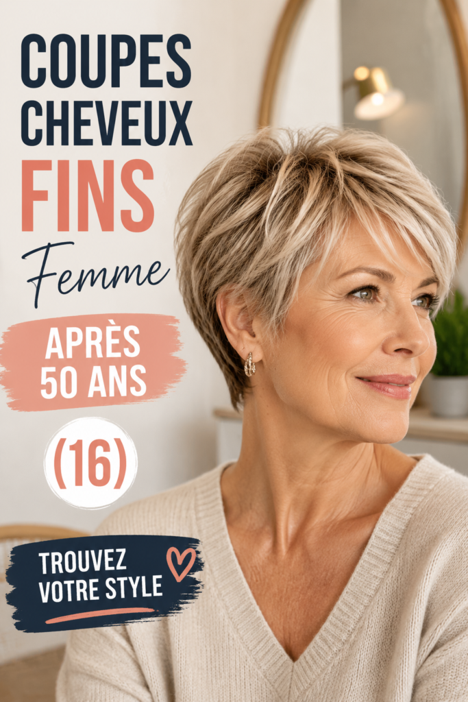 Femme de 50 ans aux cheveux fins avec une coupe moderne et élégante.