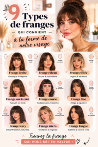Femme avec une frange adaptée à son visage ovale, mettant en valeur ses traits.