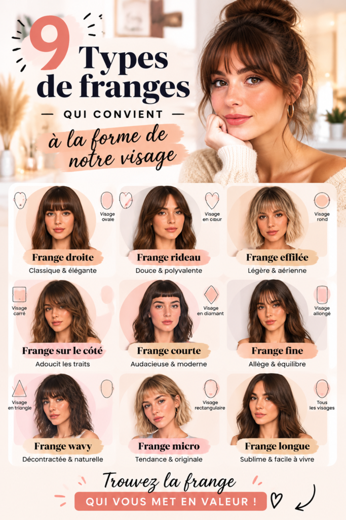 Femme avec une frange adaptée à son visage ovale, mettant en valeur ses traits.