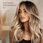 Femme avec une coiffure golden bronde éclatante capturant la lumière d'été.