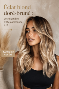 Femme avec une coiffure golden bronde éclatante capturant la lumière d'été.