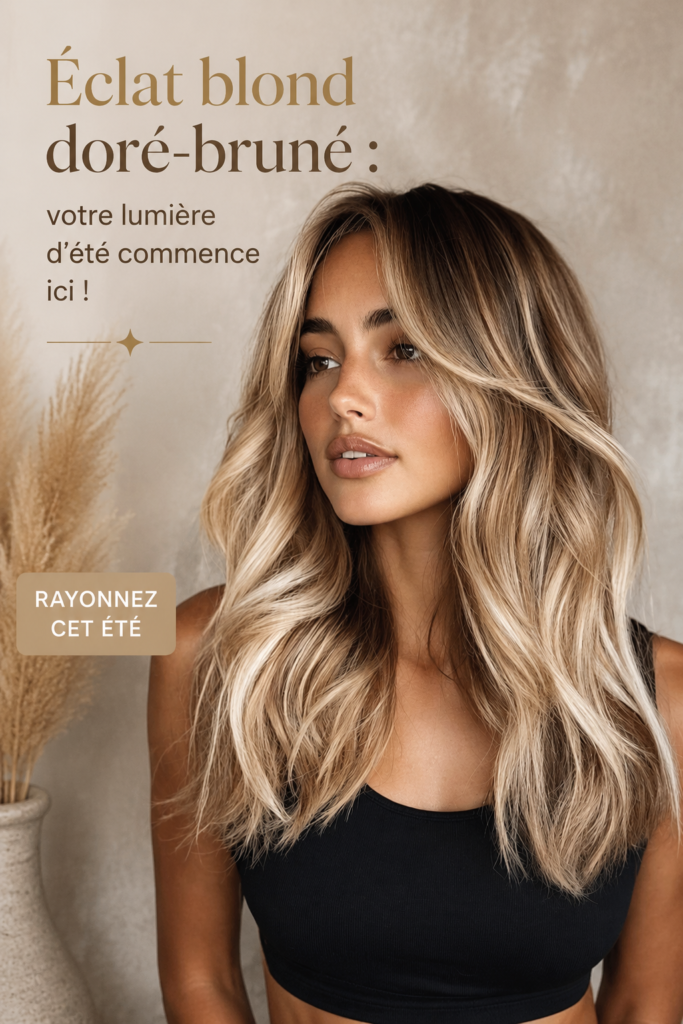 Femme avec une coiffure golden bronde éclatante capturant la lumière d'été.