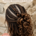 Coiffure d'été avec une tresse couronne élégante et des boucles glamours.