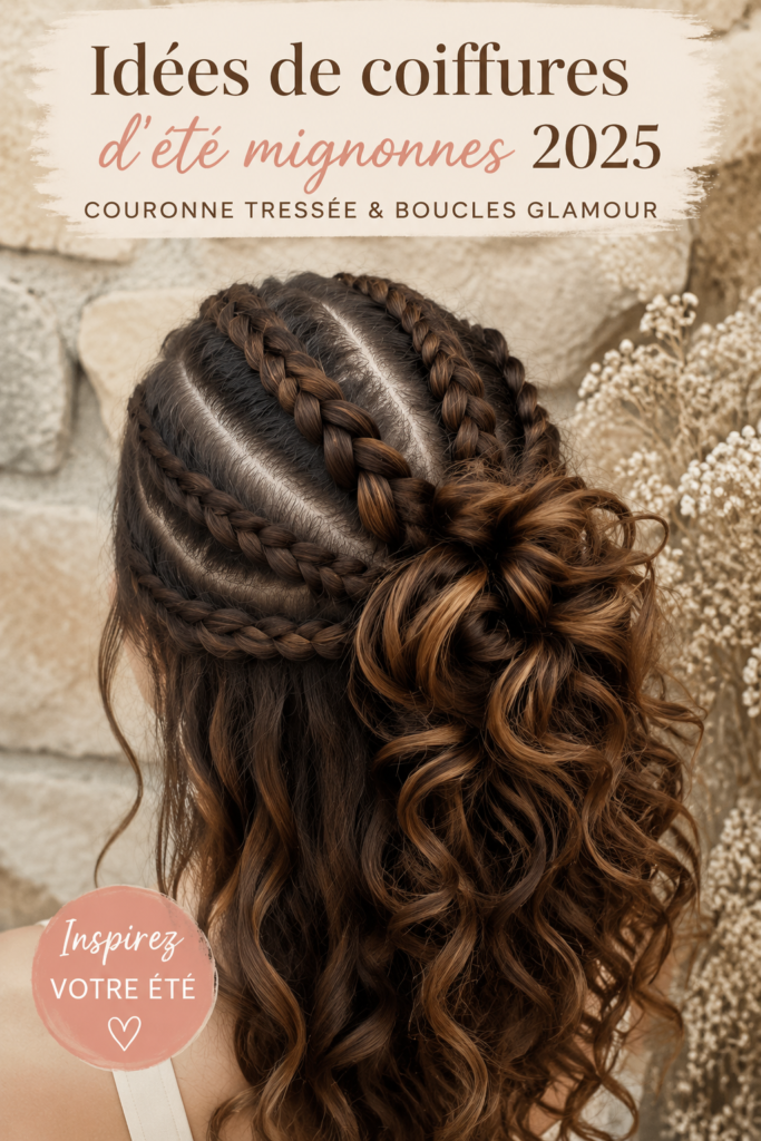 Coiffure d'été avec une tresse couronne élégante et des boucles glamours.