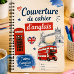 Couverture de cahier personnalisée avec des motifs colorés et des illustrations.