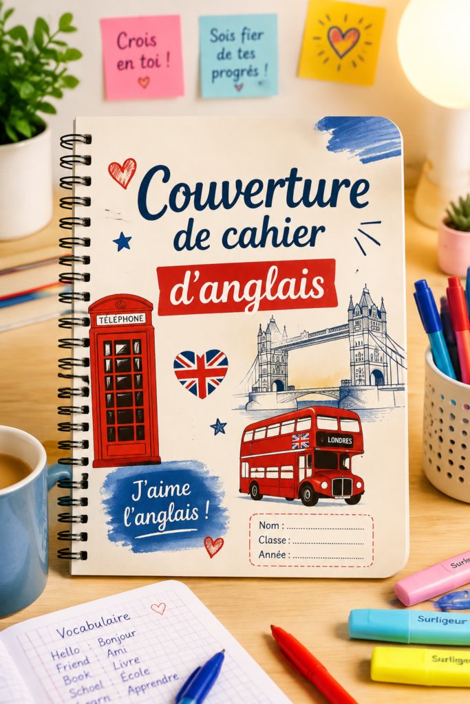 Couverture de cahier personnalisée avec des motifs colorés et des illustrations.