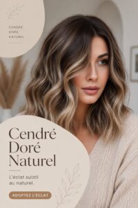 Femme avec un Lob doré cendré lumineux et élégant.
