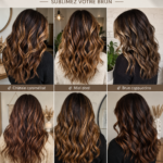 Femme avec des mèches brunes encadrant son visage, apportant lumière et style à sa coiffure.