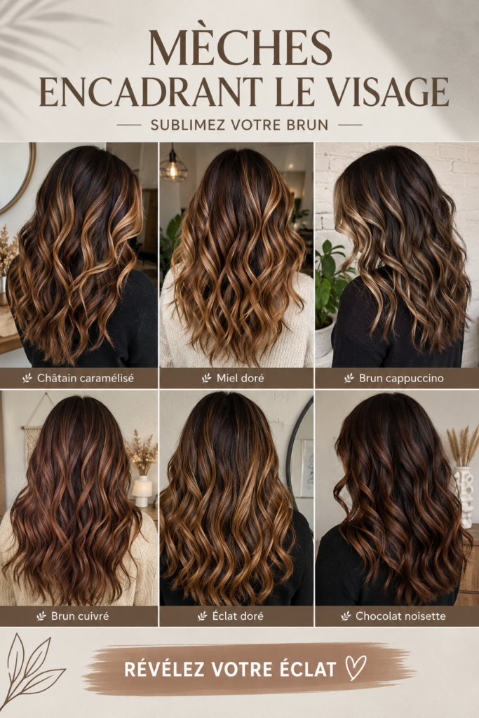 Femme avec des mèches brunes encadrant son visage, apportant lumière et style à sa coiffure.