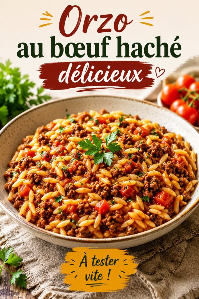 Un plat d'orzo au bœuf haché bien présenté, aux couleurs appétissantes.