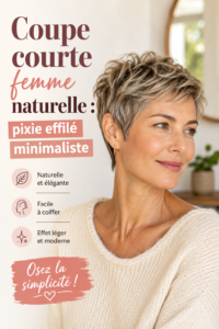 Femme avec une coupe pixie effilée au style naturel, mettant en valeur son visage.