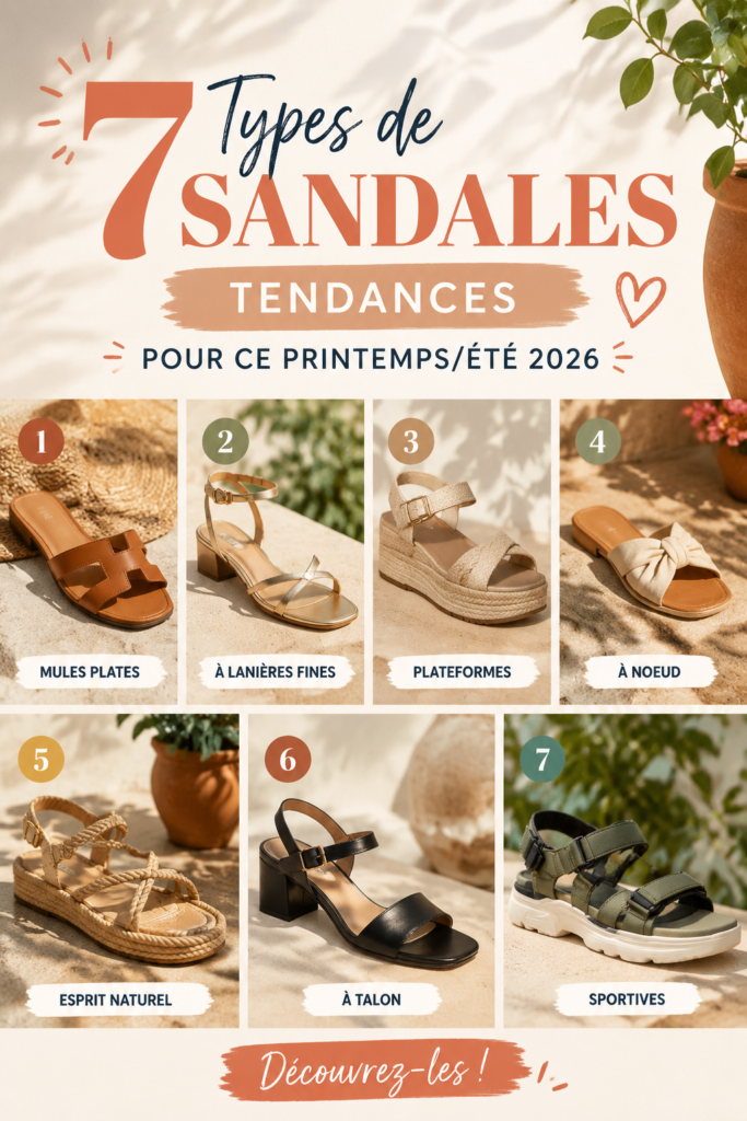 Sélection de sandales tendance pour l'été 2026, sur fond estival.