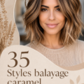 Un joli balayage caramel sur des cheveux longs, illuminant le visage.