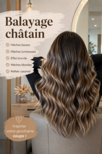 Femme avec des cheveux bruns au balayage lumineux et subtil