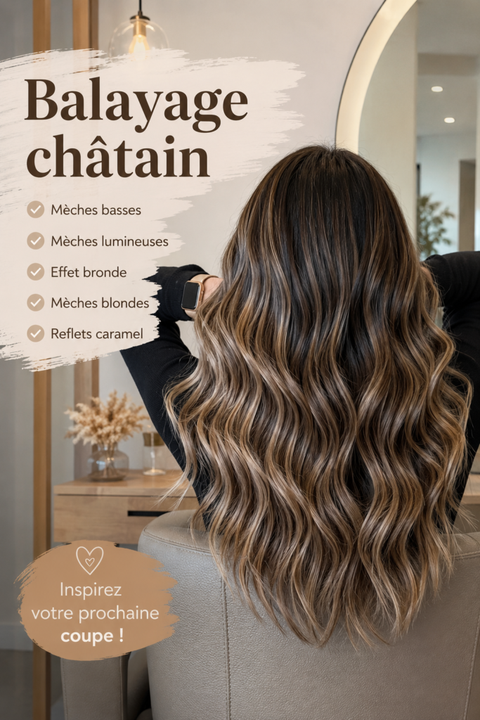 Femme avec des cheveux bruns au balayage lumineux et subtil