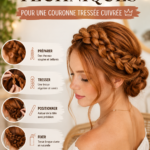 Femme avec une couronne tressée cuivrée élégante, mise en valeur par des accessoires floraux.
