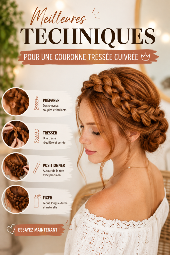 Femme avec une couronne tressée cuivrée élégante, mise en valeur par des accessoires floraux.