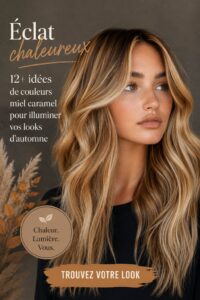Femme avec une coloration miel caramel éclatante en automne