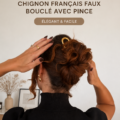 Image d'un chignon frisé à la française avec épingle à cheveux, coiffure élégante pour une occasion spéciale.