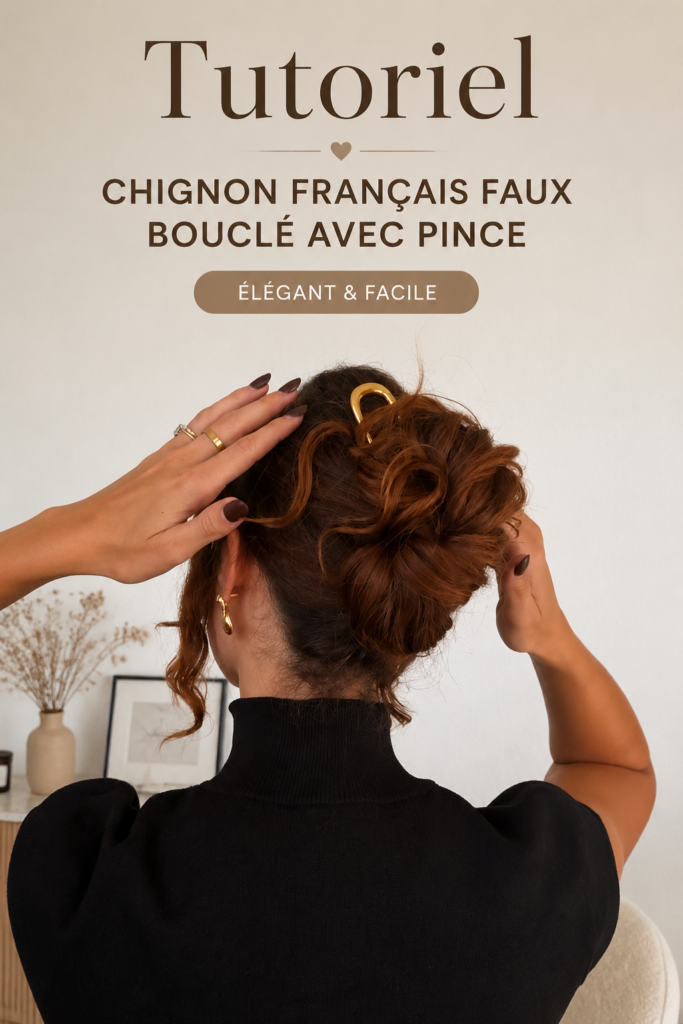 Image d'un chignon frisé à la française avec épingle à cheveux, coiffure élégante pour une occasion spéciale.