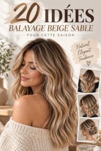 Femme avec un balayage beige sable lumineux et texturé.